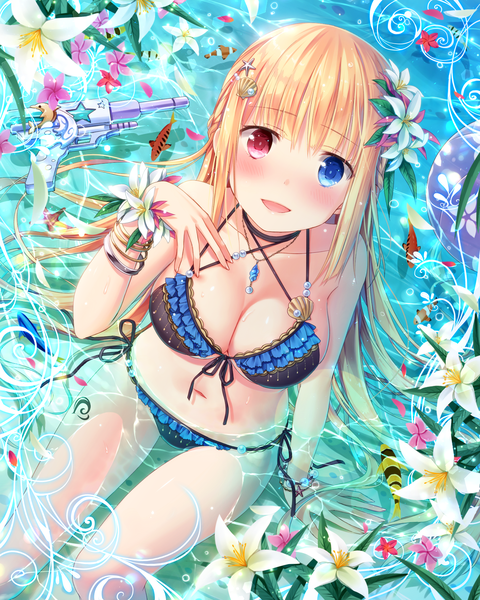 Anime picture 1440x1800 with falkyrie no monshou natsumekinoko single long hair tall image looking at viewer blush fringe breasts blue eyes light erotic blonde hair red eyes sitting cleavage blunt bangs hair flower from above official art heterochromia