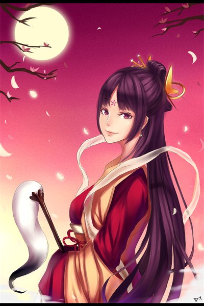 Anime picture 700x1050 with original polkadotedflower single tall image looking at viewer fringe smile purple eyes holding signed purple hair very long hair traditional clothes japanese clothes cherry blossoms face paint girl hair ornament flower (flowers) plant (plants)