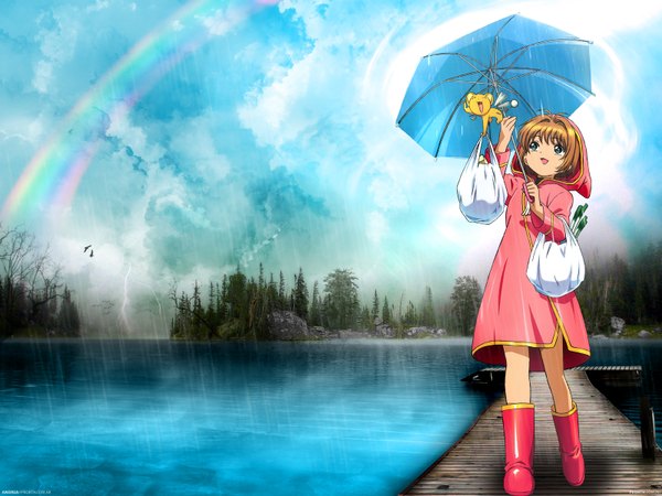 Anime picture 1600x1200 with card captor sakura clamp kinomoto sakura kero (cardcaptor sakura) rain umbrella