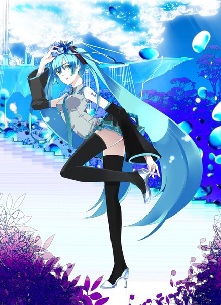 Anime-Bild 1500x2063 mit vocaloid hatsune miku single tall image twintails bare shoulders very long hair aqua eyes aqua hair girl thighhighs skirt black thighhighs detached sleeves miniskirt necktie stairs