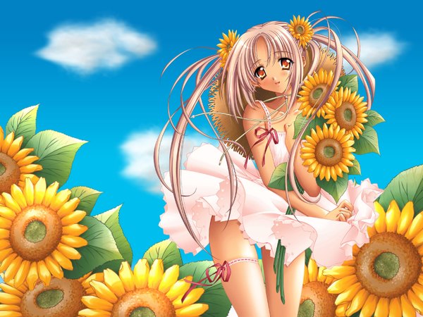 Anime picture 1600x1200 with blush twintails yellow eyes pink hair summer girl dress flower (flowers) sundress sunflower