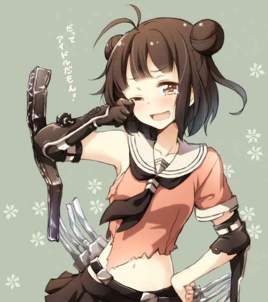 Anime picture 838x942 with kantai collection naka light cruiser tokunou shoutarou single tall image blush fringe short hair open mouth brown hair brown eyes ahoge one eye closed bare belly hair bun (hair buns) hand on hip text ;d aqua background girl