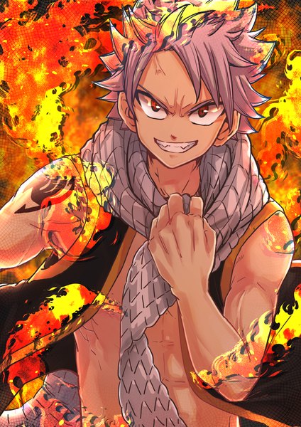 Anime picture 1191x1684 with fairy tail natsu dragneel aosora2823 single tall image looking at viewer short hair smile red eyes pink hair upper body grin boy scarf flame
