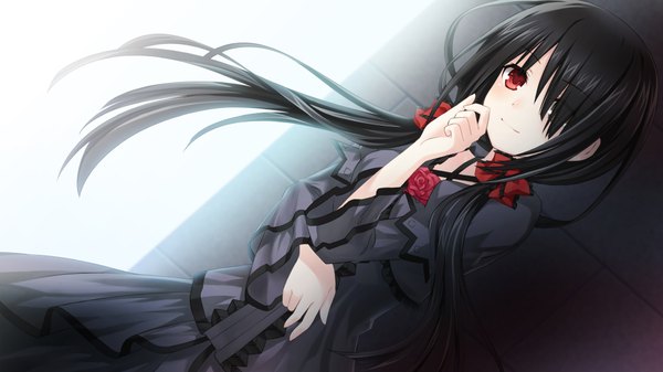Anime picture 1920x1080 with date a live tokisaki kurumi tsunako single long hair looking at viewer fringe highres black hair smile wide image standing twintails game cg hair over one eye wide sleeves dutch angle heterochromia floating hair pale skin