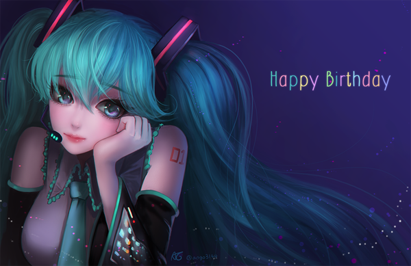 Anime picture 1000x649 with vocaloid hatsune miku ango single looking at viewer twintails very long hair aqua eyes aqua hair happy birthday purple background girl hair ornament detached sleeves necktie microphone