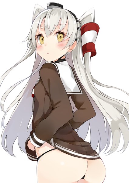 Anime picture 707x1000 with kantai collection amatsukaze destroyer kou mashiro single long hair tall image looking at viewer blush fringe light erotic simple background standing white background animal ears yellow eyes silver hair ass parted lips looking back two side up