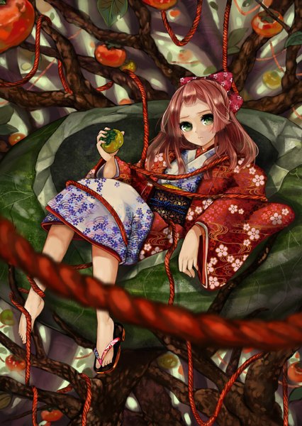 Anime picture 710x1000 with original pisuke single long hair tall image looking at viewer brown hair green eyes traditional clothes japanese clothes girl kimono obi sandals vegetables tomato