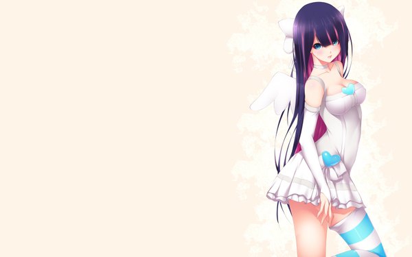 Anime picture 1920x1200 with panty & stocking with garterbelt anarchy stocking shokuyou mogura long hair highres blue eyes light erotic wide image purple hair multicolored hair two-tone hair colored inner hair girl thighhighs dress heart