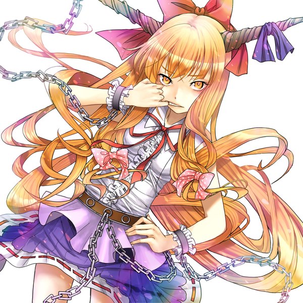 Anime picture 1654x1654 with touhou ibuki suika long hair looking at viewer open mouth simple background blonde hair white background yellow eyes horn (horns) girl skirt bow ribbon (ribbons) hair bow belt chain