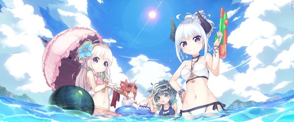 イラスト 2250x938 と オリジナル じゃこうじか 長髪 カメラ目線 赤面 highres おっぱい 開いた口 笑顔 wide image 大きな乳房 立つ 紫目 肩出し multiple girls holding 茶目 緑の目 獣耳 payot