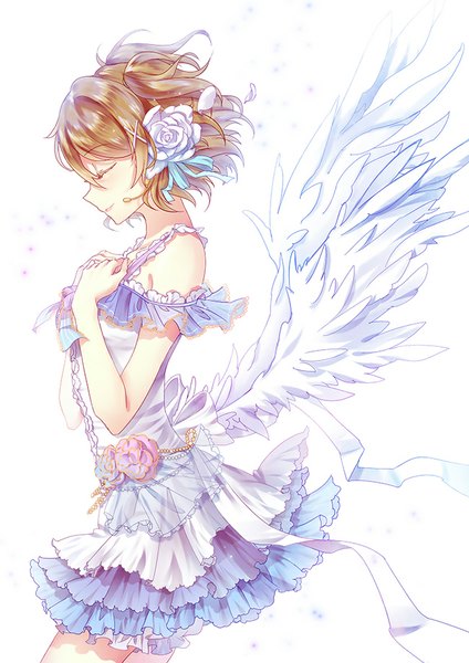 Anime picture 650x919 with love live! school idol project sunrise (studio) love live! koizumi hanayo luoye single tall image fringe short hair breasts smile brown hair white background profile hair flower white wings girl dress hair ornament flower (flowers)