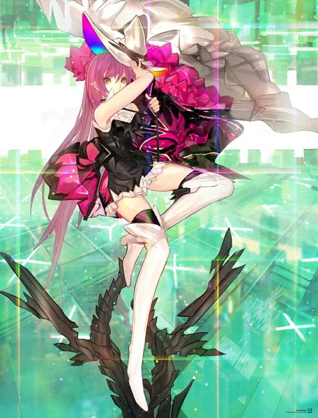 Anime picture 850x1118 with original pixiv fantasia pixiv fantasia fallen kings kiwamu single tall image looking at viewer brown eyes pink hair very long hair girl thighhighs dress ribbon (ribbons) black thighhighs hat thigh boots short dress witch hat clothes