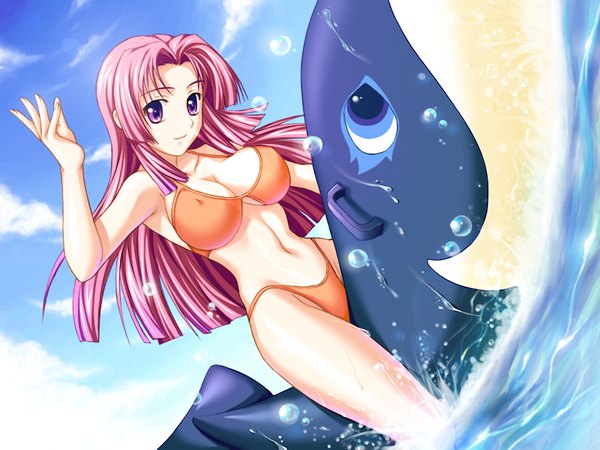 Anime picture 1200x900 with tsuyokiss cool x sweet ooeyama inori shironeko sanbou single light erotic purple eyes pink hair game cg girl swimsuit bikini water inflatable toy