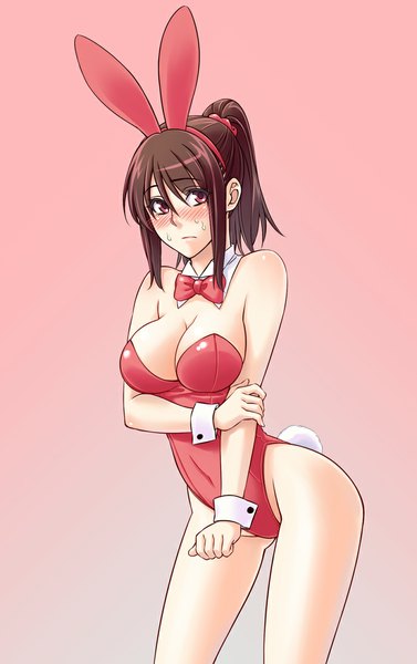 Anime picture 700x1113 with original korisei single tall image blush short hair breasts light erotic simple background brown hair bare shoulders animal ears ponytail tail animal tail pink eyes bunny ears fake animal ears bunny girl pink background