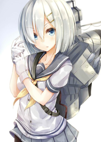 Anime picture 1000x1412 with kantai collection hamakaze destroyer hiiragi yashiro single tall image looking at viewer blush short hair blue eyes simple background white background silver hair pleated skirt girl skirt gloves hair ornament white gloves hairclip sailor suit