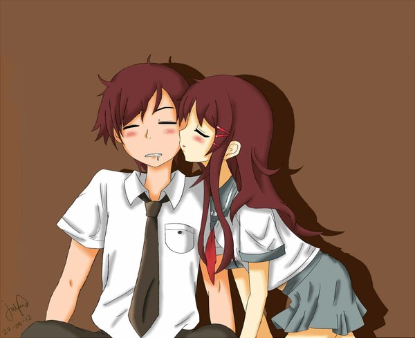Anime picture 1100x898 with juliuslol blush simple background signed red hair eyes closed dated brown background almost kiss girl boy skirt uniform school uniform miniskirt shirt necktie