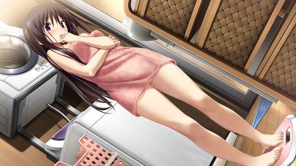 Anime picture 1280x720 with amatsutsumi purple software oribe kokoro tagme (artist) single long hair blush open mouth light erotic black hair red eyes wide image looking away game cg naked towel girl towel