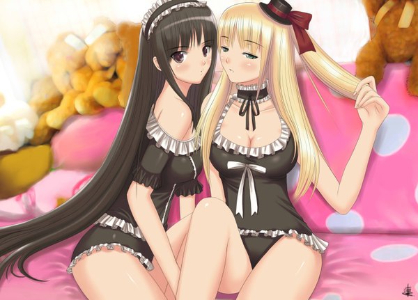 Anime picture 2952x2125 with original xiao lian long hair blush highres light erotic black hair blonde hair multiple girls brown eyes green eyes signed girl 2 girls hat frills headdress