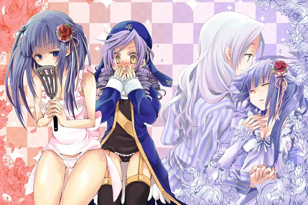 Anime picture 1000x666 with umineko no naku koro ni furudo erika dlanor a knox hibiki mio long hair blush blue eyes light erotic multiple girls yellow eyes blue hair purple hair eyes closed drill hair girl thighhighs underwear panties flower (flowers) black thighhighs