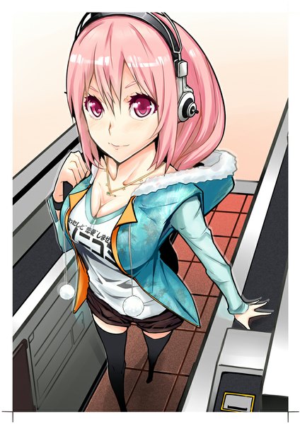 Anime picture 744x1052 with nitroplus super sonico firecel single long hair tall image looking at viewer smile pink hair pink eyes from above open clothes open jacket border checkered floor girl thighhighs black thighhighs choker jacket