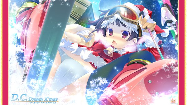 Anime picture 1920x1080 with da capo single blush highres short hair open mouth light erotic black hair wide image pink eyes pantyshot fur trim girl thighhighs black thighhighs fur santa claus hat