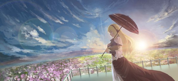 Anime picture 4500x2040 with original azomo single long hair highres blonde hair wide image absurdres sky cloud (clouds) eyes closed lens flare meadow girl dress flower (flowers) umbrella sun fence