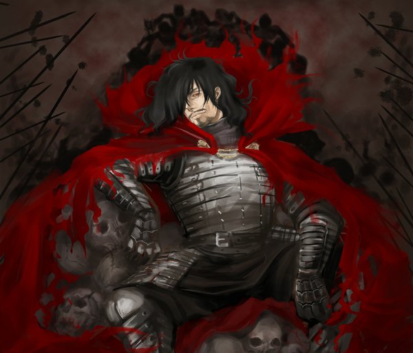 Anime picture 1000x857 with hellsing alucard (hellsing) meisai single long hair black hair red eyes sitting boy armor cape skull beard