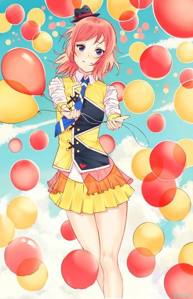 Anime picture 700x1086 with love live! school idol project sunrise (studio) love live! nishikino maki dodam single tall image looking at viewer blush short hair smile red eyes purple eyes holding sky cloud (clouds) head tilt pleated skirt outstretched hand girl