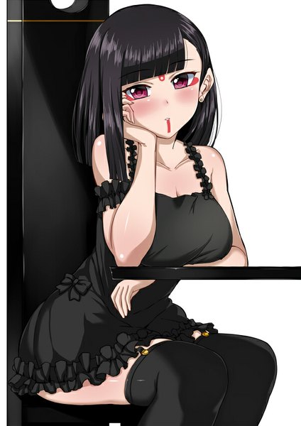 Anime picture 600x848 with beatmania beatmania iidx hinazuki ririna maru (maruttona) single long hair tall image looking at viewer blush fringe breasts open mouth black hair simple background large breasts sitting bare shoulders pink eyes arm support alternate costume