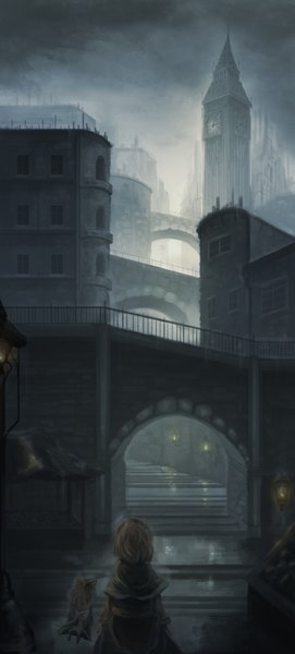 Anime picture 1421x3137 with touhou alice margatroid shanghai zarisu single long hair tall image short hair blonde hair outdoors back city cityscape architecture fog girl building (buildings) lantern stairs bridge