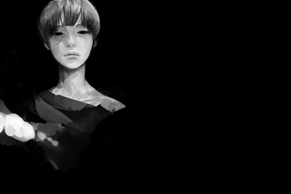Anime picture 1200x800 with original tae (artist) single short hair black eyes wallpaper black background monochrome girl