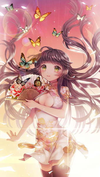 Anime picture 740x1305 with original saban single long hair tall image looking at viewer light erotic black hair yellow eyes traditional clothes chinese clothes girl thighhighs black thighhighs insect butterfly fan chinese dress