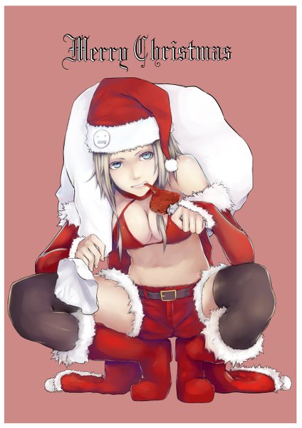 Anime picture 3507x4960 with original jikeshi single tall image looking at viewer highres short hair breasts blue eyes light erotic simple background blonde hair sitting bare shoulders absurdres christmas squat eating merry christmas girl
