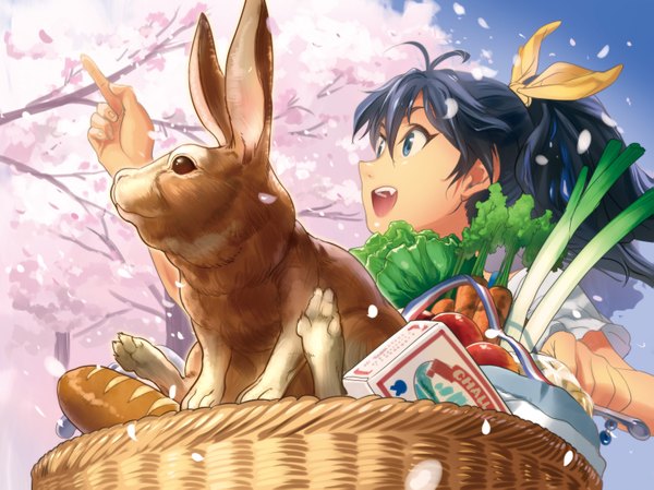 Anime picture 1543x1157 with idolmaster ganaha hibiki andou shuuki long hair open mouth blue eyes black hair ponytail cherry blossoms pointing girl animal petals food vegetables bunny basket carrot bread leek