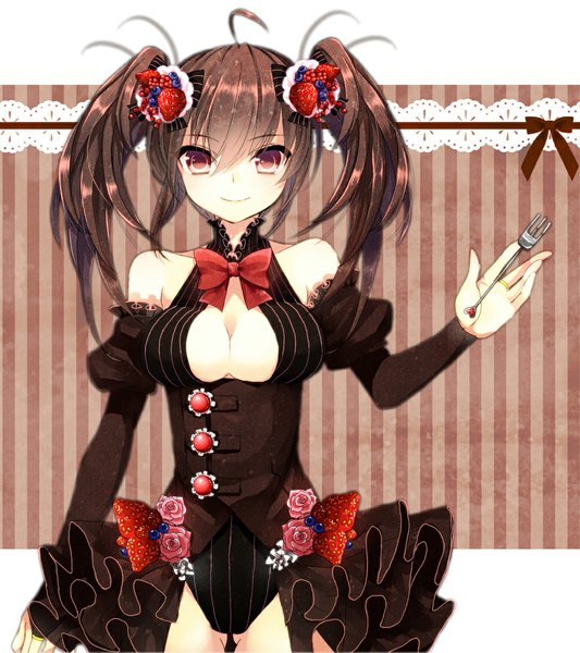 Anime picture 1000x1125 with original tsukiriran single tall image breasts light erotic black hair red eyes twintails ass visible through thighs girl dress bow food berry (berries) strawberry fork