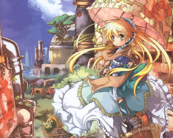 Anime picture 1280x1024 with original yamamoto keiji single long hair looking at viewer blush blonde hair yellow eyes sky cloud (clouds) wind landscape girl dress plant (plants) tree (trees) hairband scarf umbrella lamp