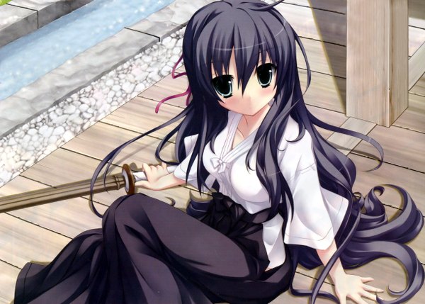 Anime picture 2444x1751 with koiiro soramoyou (game) kanou kayoko lucie long hair highres black hair japanese clothes sword