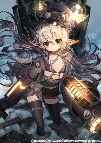 Anime picture 600x848 with original sorolp single tall image looking at viewer blush fringe blonde hair brown eyes signed animal ears looking away silver hair outdoors very long hair multicolored hair arm up wind pointy ears grey hair