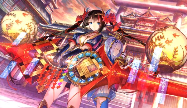 Anime picture 1200x694 with original fuzichoco long hair looking at viewer short hair blue eyes black hair wide image twintails multiple girls white hair eyes closed traditional clothes japanese clothes girl gloves hair ornament ribbon (ribbons) weapon 2 girls