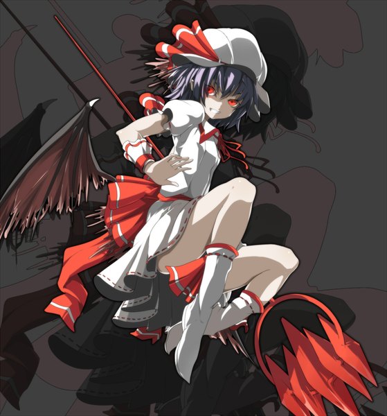 Anime picture 1678x1800 with touhou remilia scarlet ogipote single tall image short hair red eyes silver hair grey background shadow bat wings torn wings girl bow hat wings staff