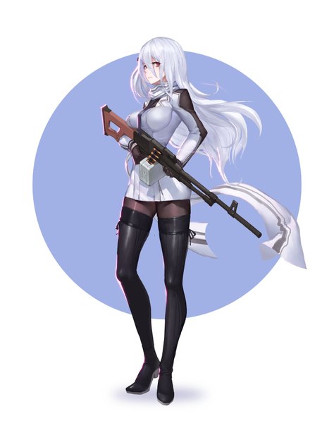Anime picture 2776x3508 with girls frontline pk (girls frontline) reisun001 single long hair tall image looking at viewer highres breasts red eyes large breasts standing silver hair full body long sleeves light smile wind girl thighhighs dress