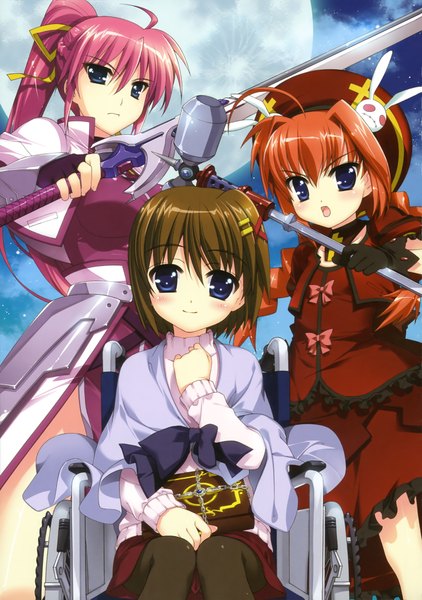 Anime picture 2879x4095 with mahou shoujo lyrical nanoha yagami hayate signum vita book of the azure sky fujima takuya long hair tall image highres short hair blue eyes brown hair multiple girls purple hair ponytail red hair braid (braids) girl dress weapon