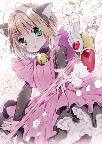 Anime picture 850x1200 with card captor sakura clamp kinomoto sakura rugo single tall image looking at viewer blush short hair open mouth brown hair green eyes animal ears ahoge cherry blossoms fake animal ears girl dress petals frills