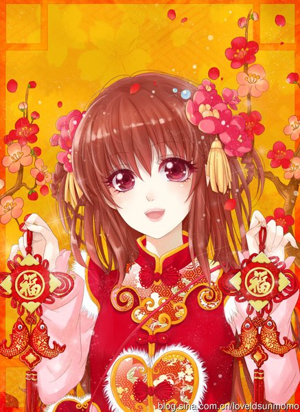 Anime picture 2539x3484 with original sunmomo single tall image looking at viewer highres open mouth smile brown hair purple eyes very long hair hair flower inscription teeth lipstick chinese clothes girl hair ornament flower (flowers) petals