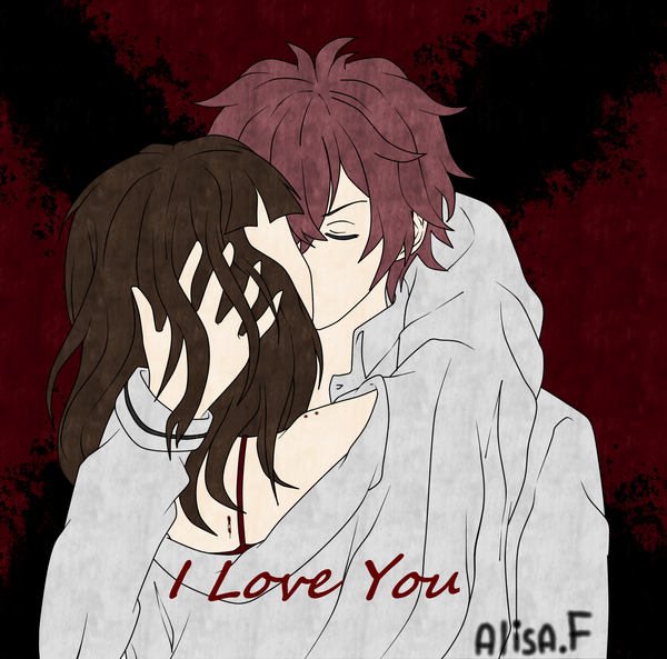 Anime picture 1580x1564 with diabolik lovers idea factory sakamaki ayato alisa.f long hair short hair brown hair red hair eyes closed inscription open clothes open shirt couple dark background arms behind head hand on head open collar kiss girl boy