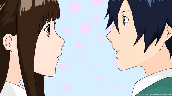 Anime picture 1920x1080 with bakuman. j.c. staff mashiro moritaka azuki miho highres blue eyes simple background brown hair wide image brown eyes blue hair profile close-up face to face girl boy