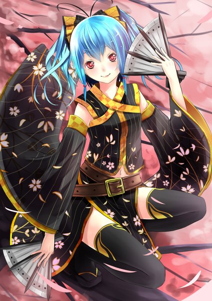 Anime picture 2000x2828 with original reio reio single long hair tall image looking at viewer blush highres smile red eyes blue hair traditional clothes girl thighhighs navel bow black thighhighs hair bow detached sleeves petals
