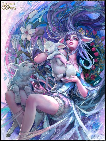 Anime picture 1000x1327 with legend of the cryptids yu-han single long hair tall image fringe blue eyes animal ears purple hair bent knee (knees) fingernails lips legs lipstick eyebrows pink lipstick girl flower (flowers) animal clothes
