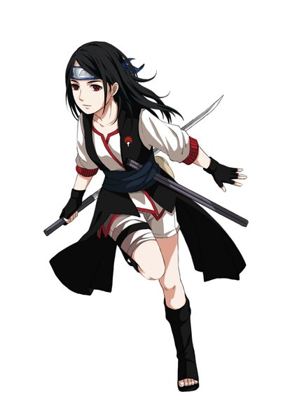 Anime picture 826x1169 with naruto studio pierrot naruto (series) uchiha sarada juni gen shi er xian single long hair tall image black hair simple background red eyes white background holding bent knee (knees) running sharingan girl gloves weapon