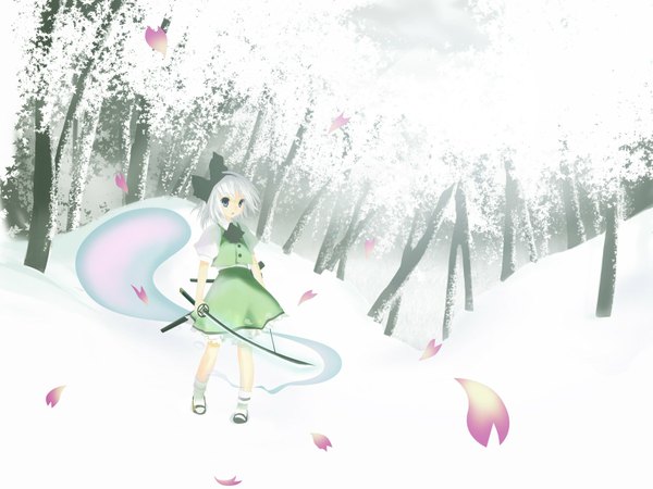 Anime picture 1600x1200 with touhou konpaku youmu myon mahan short hair open mouth blue eyes standing looking away full body white hair winter snow girl skirt weapon plant (plants) petals sword tree (trees)